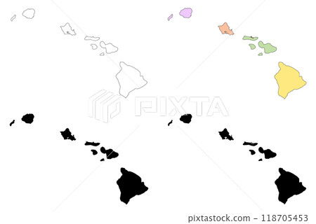 Hawaii administrative map, Hawaii outline and counties state map set - illustration version 118705453