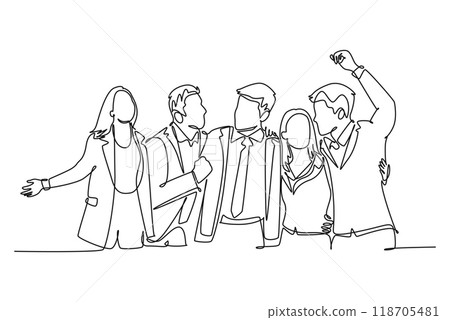 Continuous one line drawing group of businessman and woman hugging together to celebrate their success achieve the business target. Team work goal. Single line draw design vector graphic illustration 118705481