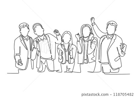 Continuous one line drawing of young happy male and female worker raise hands together celebrate funding investment. Business teamwork celebration. Single line draw design vector graphic illustration Continuous one line drawing of young happy male and female worker raise hands together celebrate funding investment. Business teamwork celebration. Single line draw design vector graphic illustration 118705482