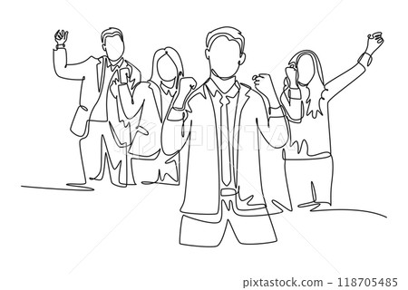 Continuous one line drawing young happy company founder and team celebrate with joy at the investor office together. Business teamwork celebration. Single line draw design vector graphic illustration Continuous one line drawing young happy company founder and team celebrate with joy at the investor office together. Business teamwork celebration. Single line draw design vector graphic illustration 118705485