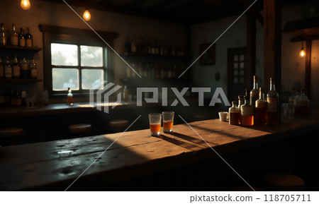 燈光昏暗、無人看管的酒吧，有淡淡的陽光照射進來。 118705711