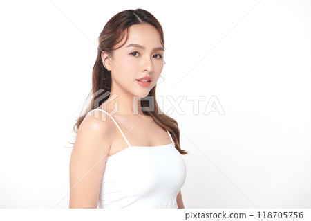 Beautiful young asian woman with clean fresh skin on white background, Face care, Facial treatment, Cosmetology, beauty and spa, Asian women portrait. 118705756