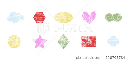 Crayon frame simple border, chalk pastel drawing. Cute geometric shpes, headline, textured title. Doodle childish elements. 118705784