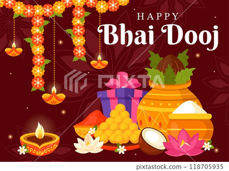 Happy Bhai Dooj Indian Festival Celebration Vector Illustration of Sisters Praying for Their Brothers Protection with Applying a Forehead Dot 118705935