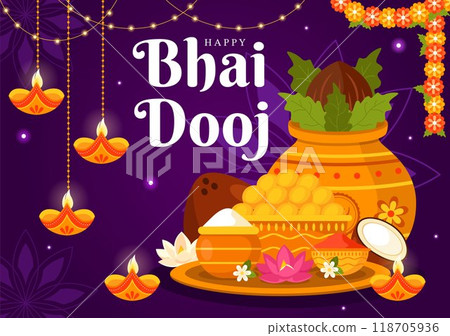 Happy Bhai Dooj Indian Festival Celebration Vector Illustration of Sisters Praying for Their Brothers Protection with Applying a Forehead Dot 118705936
