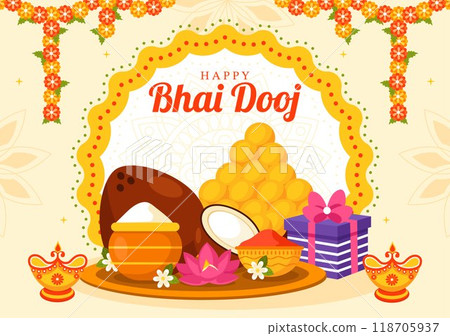 Happy Bhai Dooj Indian Festival Celebration Vector Illustration of Sisters Praying for Their Brothers Protection with Applying a Forehead Dot Happy Bhai Dooj Indian Festival Celebration Vector Illustration of Sisters Praying for Their Brothers Protection with Applying a Forehead Dot 118705937