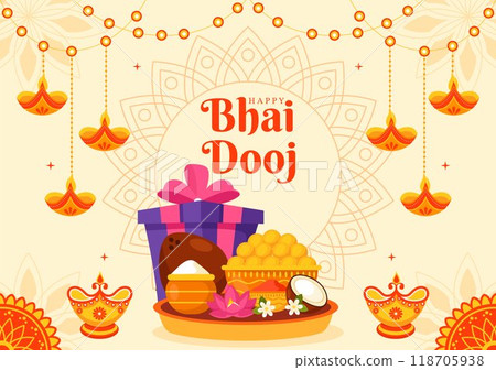 Happy Bhai Dooj Indian Festival Celebration Vector Illustration of Sisters Praying for Their Brothers Protection with Applying a Forehead Dot Happy Bhai Dooj Indian Festival Celebration Vector Illustration of Sisters Praying for Their Brothers Protection with Applying a Forehead Dot 118705938