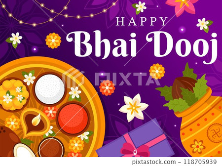 Happy Bhai Dooj Indian Festival Celebration Vector Illustration of Sisters Praying for Their Brothers Protection with Applying a Forehead Dot Happy Bhai Dooj Indian Festival Celebration Vector Illustration of Sisters Praying for Their Brothers Protection with Applying a Forehead Dot 118705939