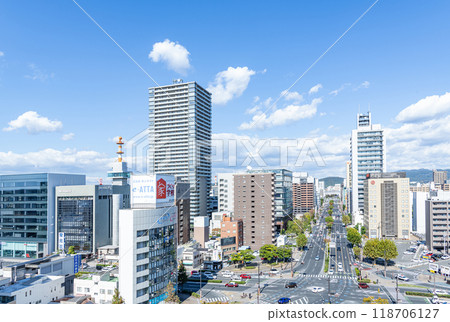 Okayama City, Okayama Prefecture: The cityscape of Okayama City on a sunny day (from Okayama City Hall towards JR Okayama Station) Okayama City, Okayama Prefecture: The cityscape of Okayama City on a sunny day (from Okayama City Hall towards JR Okayama Station) 118706127
