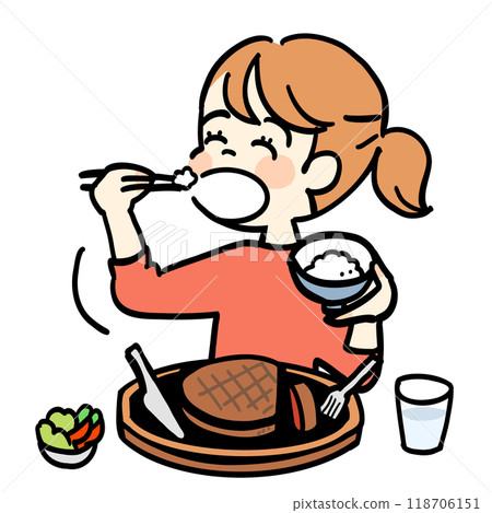 Woman eating rice and meat Woman eating rice and meat 118706151