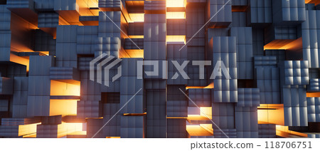 3d render illustration A close up of a building made of blocks with a warm orange glow 3d render illustration A close up of a building made of blocks with a warm orange glow 118706751