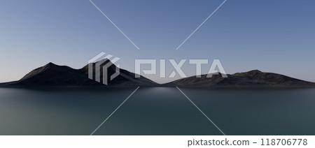 3d render illustration A beautiful blue ocean with mountains in the background 3d render illustration A beautiful blue ocean with mountains in the background 118706778