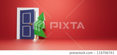 3d render illustration A blue door is open to reveal a Christmas tree 3d render illustration A blue door is open to reveal a Christmas tree 118706781