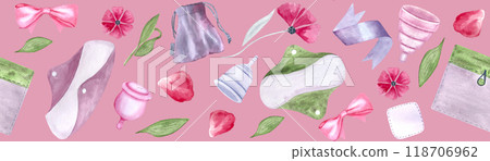 A period pad, a fabric pouch, a menstrual cup, ribbons petals watercolor seamless border on pink background. Great for packaging, tape. Eco-friendly menstrual care design. Sustainable lifestyle A period pad, a fabric pouch, a menstrual cup, ribbons petals watercolor seamless border on pink background. Great for packaging, tape. Eco-friendly menstrual care design. Sustainable lifestyle 118706962