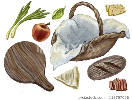 Set of illustrations of food and picnic items, vintage style. For advertising and labels of restaurants, bakeries, snack bars in home or country style. Grocery store design, food delivery, takeaway. Set of illustrations of food and picnic items, vintage style. For advertising and labels of restaurants, bakeries, snack bars in home or country style. Grocery store design, food delivery, takeaway. 118707036