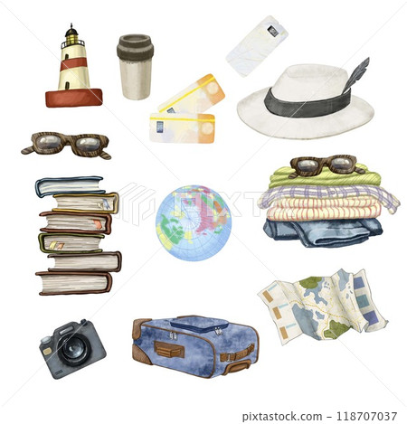 A set of watercolor illustrations on the theme of travel and tourism. For creating postcards, souvenirs and stickers. Design of tourist sites, printing of cruise brochures and tourist guides. 118707037