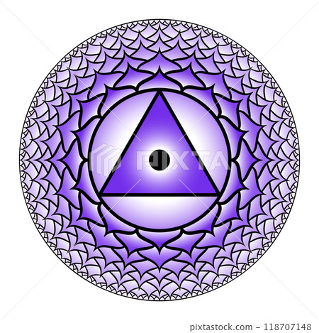Sahasrara, thousand-petalled crown chakra. Seventh chakra, located on the top of the head. Highest spiritual centre and pure consciousness. Violet lotus with 1000 petals and a bindu in the center. 118707148