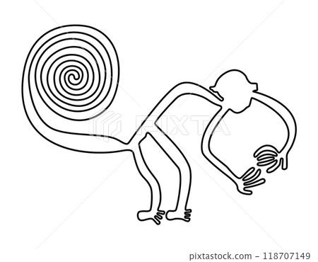 The Monkey. Nazca Lines in the desert of southern Peru. Ape motif made of a single continuous line. Geoglyph, approx. 90 m wide, can only be seen from high places, created between 500 BC and 500 AD. 118707149