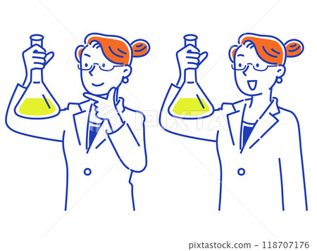 Woman in lab coat holding up and looking at Erlenmeyer flask 118707176