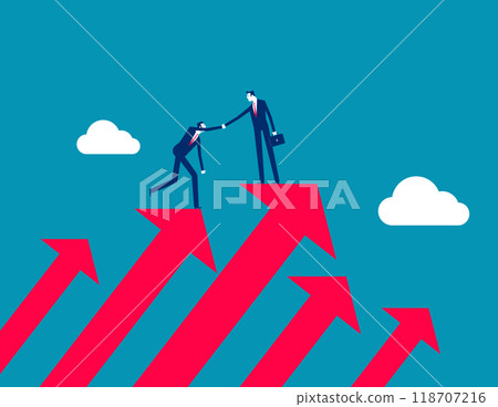 Assistance. Business mentor help coworker to climb growth arrow chart, Advice and trust to help improve 118707216