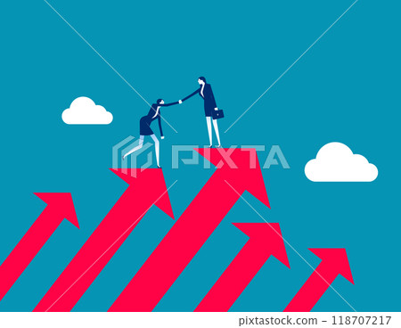 Assistance. Business mentor help coworker to climb growth arrow chart, Advice and trust to help improve 118707217