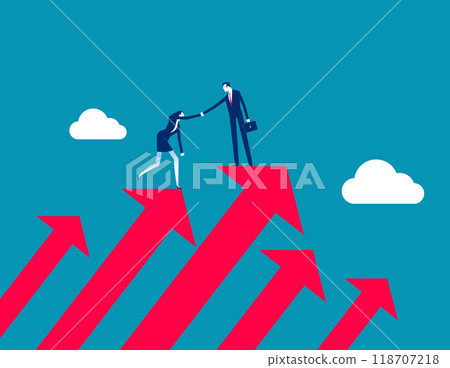 Assistance. Business mentor help coworker to climb growth arrow chart, Advice and trust to help improve 118707218