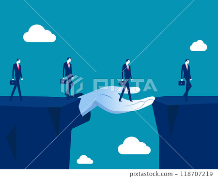 Assistance. Leader hand helping business people to step from one side, Protection and partnership Assistance. Leader hand helping business people to step from one side, Protection and partnership 118707219
