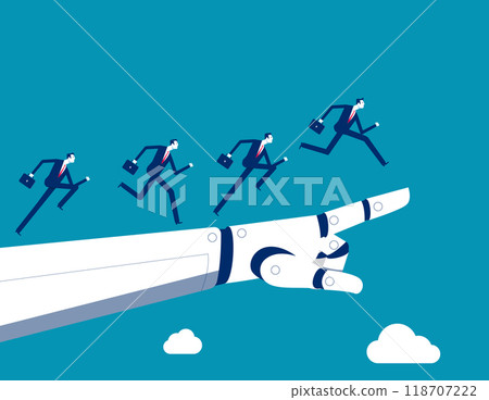 Assistance. Business team runs up on robot hand pointing upwards, Collaboration of personnel with artificial intelligence 118707222