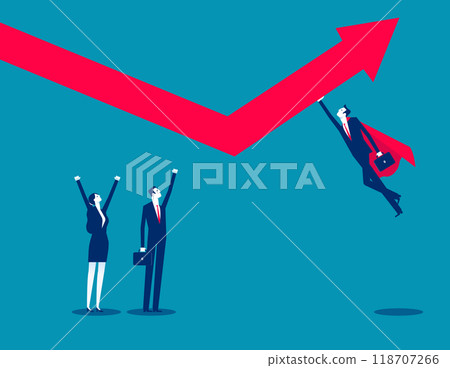 Business Assistance. Super leader in red cape help his team pushing arrow graph up, support Business Assistance. Super leader in red cape help his team pushing arrow graph up, support 118707266