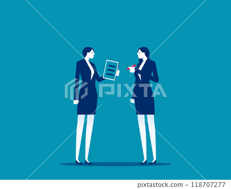Business Assistance. Manager giving document to boss for signing, Agreement Business Assistance. Manager giving document to boss for signing, Agreement 118707277
