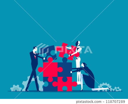 Robot. Business team and robots are putting together a jigsaw puzzle, Artificial intelligence supports business success 118707289