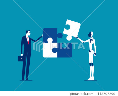 Robot. Businessman build a jigsaw puzzle together with a robot, Artificial intelligence supports business success 118707290