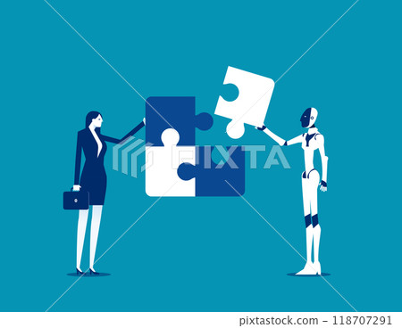 Robot. Businessman build a jigsaw puzzle together with a robot, Artificial intelligence supports business success Robot. Businessman build a jigsaw puzzle together with a robot, Artificial intelligence supports business success 118707291