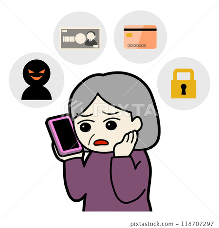 一位老婦人一臉困惑地打電話給她的智慧型手機,以及她煩惱的根源 一位老婦人一臉困惑地打電話給她的智慧型手機,以及她煩惱的根源 118707297