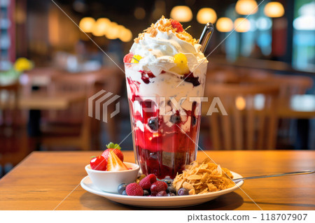 A luxurious parfait with berries and whipped cream A luxurious parfait with berries and whipped cream 118707907