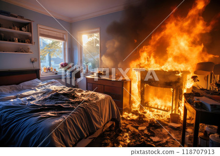 Bedroom interior with burning flames 118707913