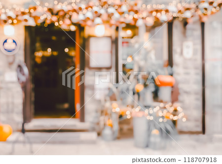 Blurred image of shop or cafe background with bokeh christmas lights 118707918