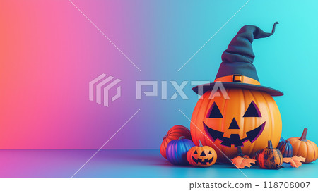Halloween ghost pumpkin on a colorful gradient background Halloween ghost pumpkin on a colorful gradient background 118708007