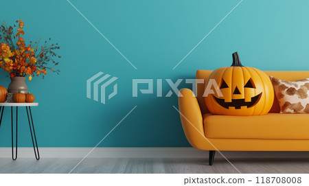 萬聖節鬼南瓜在室內和沙發上放鬆 萬聖節鬼南瓜在室內和沙發上放鬆 118708008