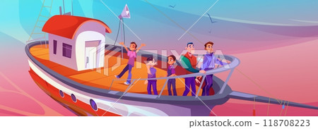 Men and teens tourists on fishing boat on sunrise Men and teens tourists on fishing boat on sunrise 118708223