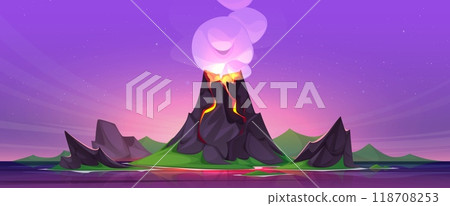 Sunset or sunrise landscape with volcano erupt 118708253