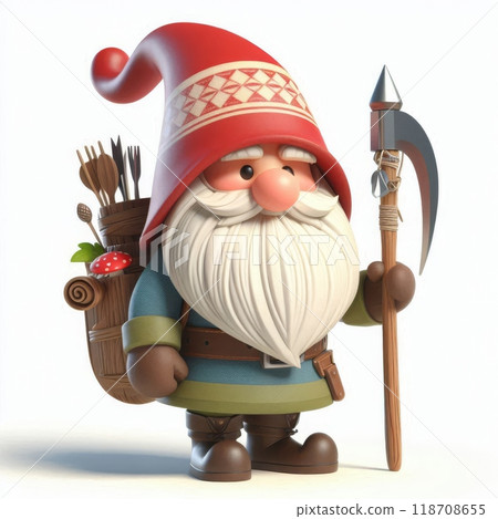 Cartoon Christmas Scandinavian gnome with a spear and backpack full of utensils. 3D character isolated on white background. Holiday adventure concept 118708655