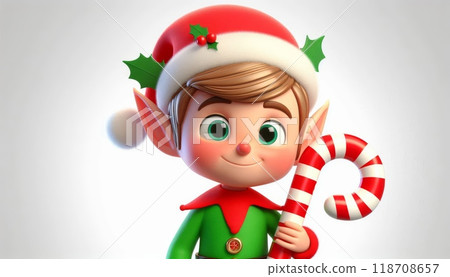 Smiling Christmas elf holding a striped candy cane. 3D illustration of festive character in holiday attire on white background. Christmas and New Year concept 118708657