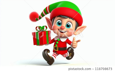 Smiling Christmas elf in a New Year's costume with a red and green gift in his hand. 3D character on white background. Christmas holiday concept for greeting cards 118708673