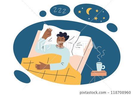Vector illustration of man peacefully sleeping in bed, cozy bedroom with nightstand. Comfortable pillow, blanket and bedding. Night scene with stars and moon. Rest, relaxation, and wellness concepts Vector illustration of man peacefully sleeping in bed, cozy bedroom with nightstand. Comfortable pillow, blanket and bedding. Night scene with stars and moon. Rest, relaxation, and wellness concepts 118708960