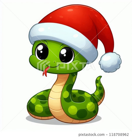 Cute green cartoon snake wearing a red Santa hat. Holiday illustration. Christmas and New Year concept. Isolated on white background. 118708962