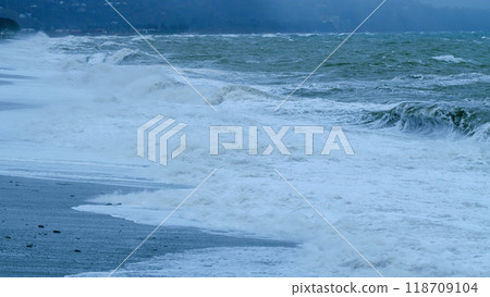 Massive Waves Crash Into Shore In Typhoon And Hurricane Force Wind Storm. Adjara, Georgia. Static. Massive Waves Crash Into Shore In Typhoon And Hurricane Force Wind Storm. Adjara, Georgia. Static. 118709104