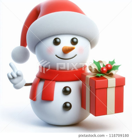Snowman holding a Christmas gift box, wearing Santa hat and red scarf, isolated on white background. Christmas 3d cartoon character illustration. Winter holiday and gift giving concept 118709180
