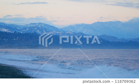 Mountain Slopes With Hotels And Houses. City Coast With Calm Black Sea. Georgia, Europe. Static view. Mountain Slopes With Hotels And Houses. City Coast With Calm Black Sea. Georgia, Europe. Static view. 118709362