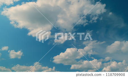 Cinematic Breathtaking Backwards With White Fluffy Clouds Moving In Opposite Direction. Light Cloudscape. 118709908